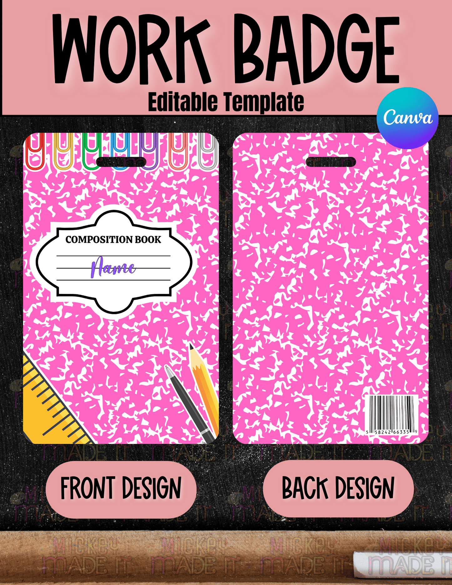 Pink Composition Notebook Work Badge Template - Digital Download