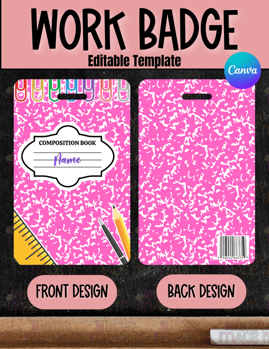 Pink Composition Notebook Work Badge Template - Digital Download