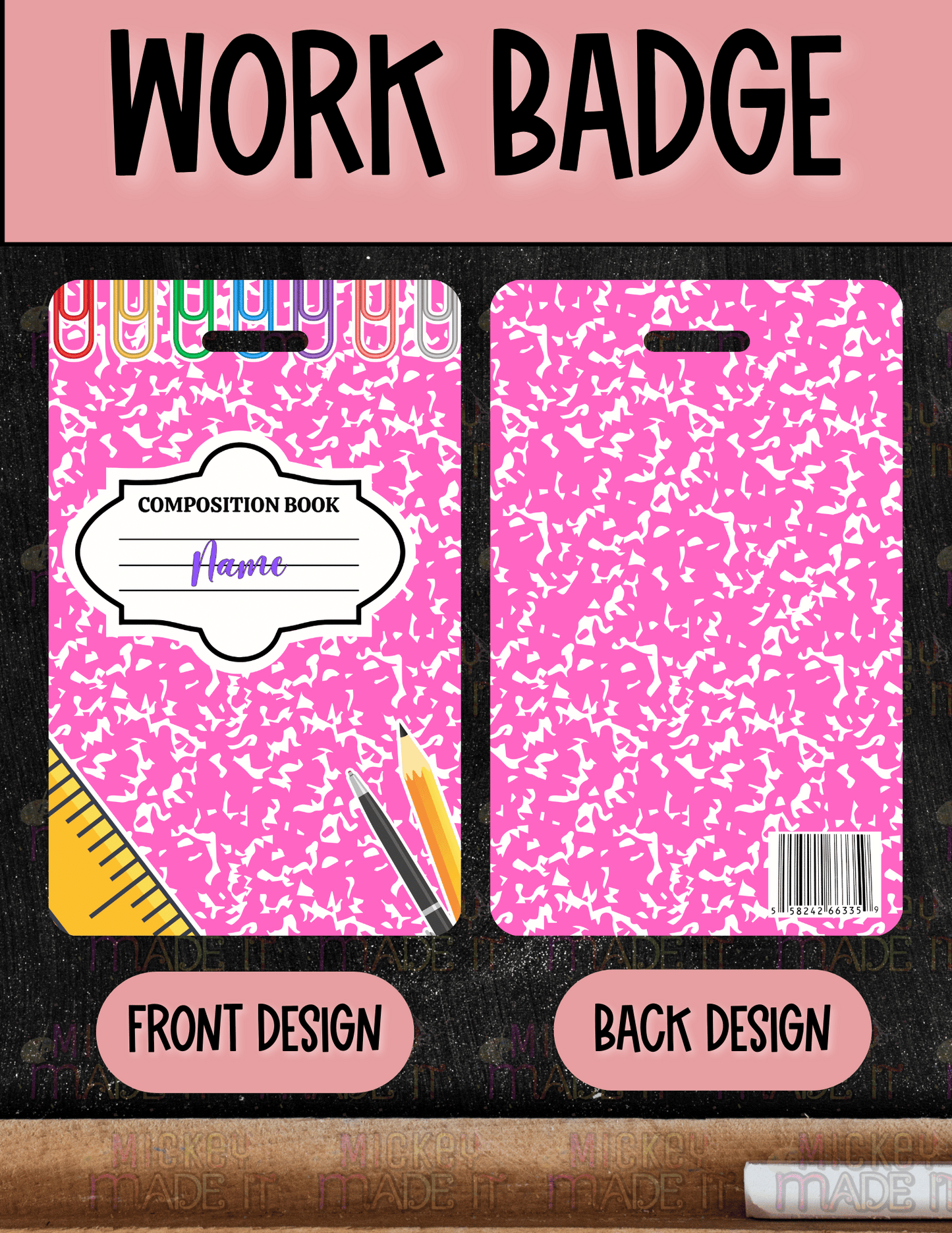 Pink Composition Notebook Inspired - Personalized Work Badge